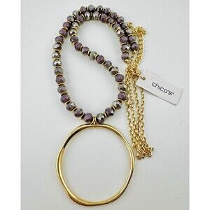 Chicos Violet Circle Pendant Necklace Gold Tone Retired Collection New 32 in